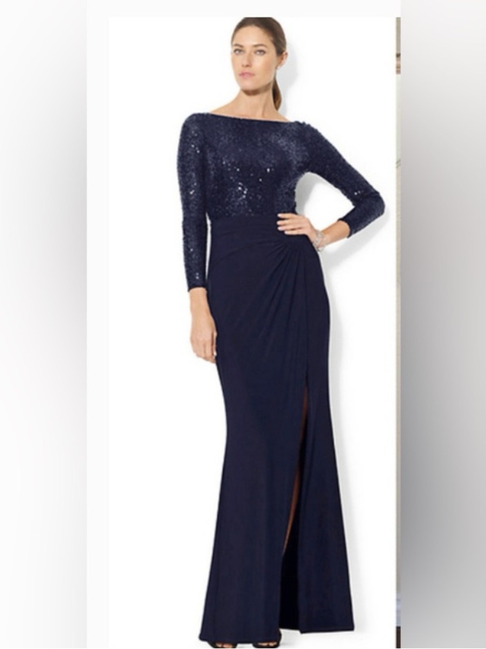 Lauren Ralph Lauren Navy Sequin Bodice Evening Gown Dress Quiet Luxury Sz 12 NEW